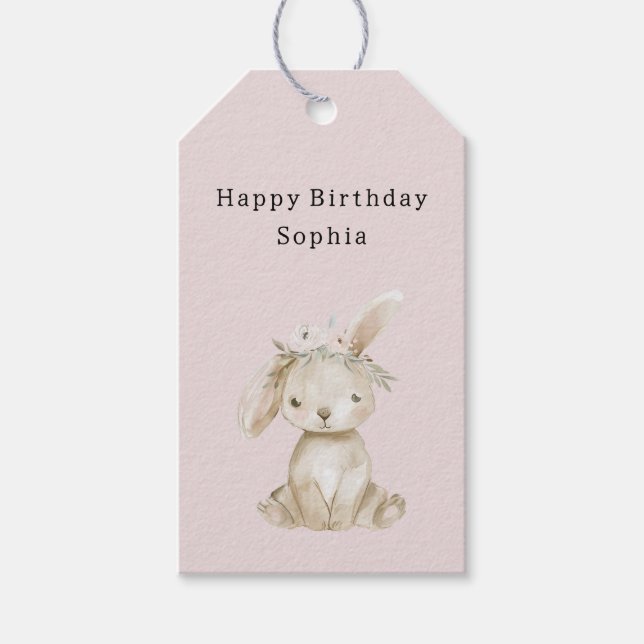 Blush Pink Flowers Bunny Birthday Presentetikett (Framsidan)