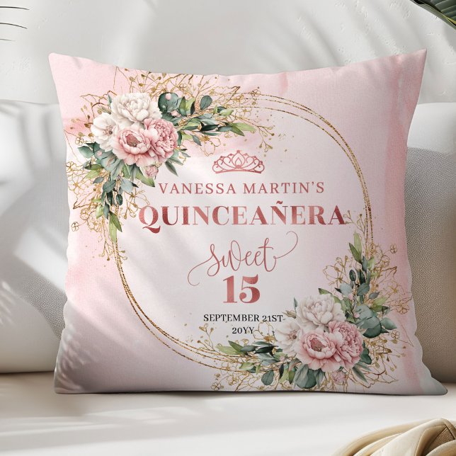 Blush Pink Flowers Eucalyptus Quinceañera Gift   Kudde (Blush Pink Flowers Eucalyptus Quinceañera Gift Pillow)