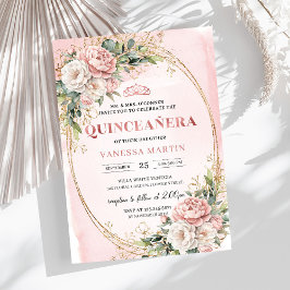 Blush Pink Flowers Eucalyptus Quinceañera Invite Inbjudningar