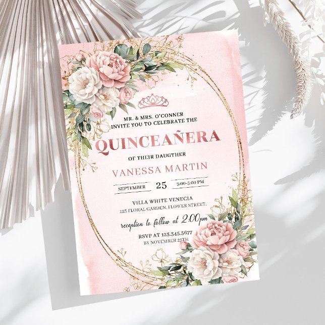 Blush Pink Flowers Eucalyptus Quinceañera Invite Inbjudningar (Blush Pink Flowers Eucalyptus Quinceañera Invite)