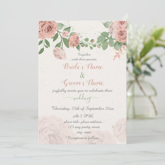 blush pink flowers green leaves wedding inbjudningar (Stående Fram)