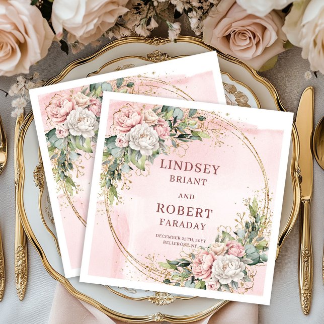 Blush Pink Flowers Greenery Gold Glitter Wedding  Pappersservett (Blush Pink Flowers Greenery Gold Glitter Wedding Napkins)