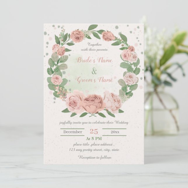 blush pink flowers greenery wreath wedding inbjudningar (Stående Fram)