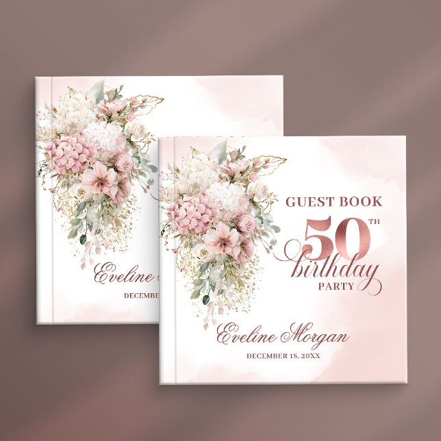 Blush Pink Flowers Rose Gold 50th Birthday Party  Gästböcker (Blush Pink Flowers Rose Gold 50th Birthday Party Guest Book

)