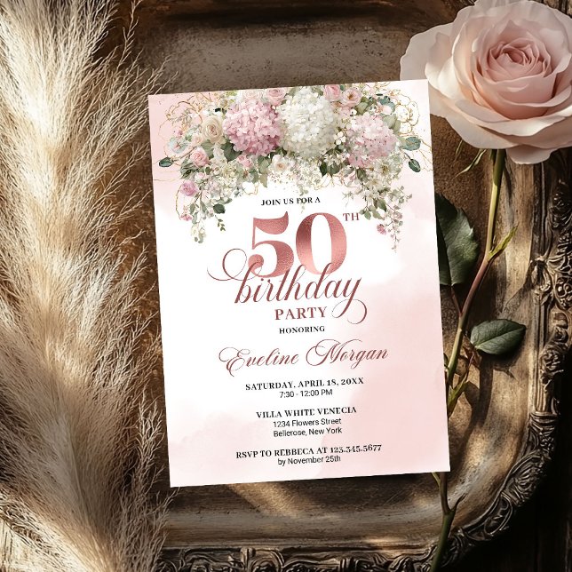 Blush Pink Flowers Rose Gold 50th Birthday Party  Inbjudningar (Blush Pink Flowers Rose Gold 50th Birthday Party Invitation

)