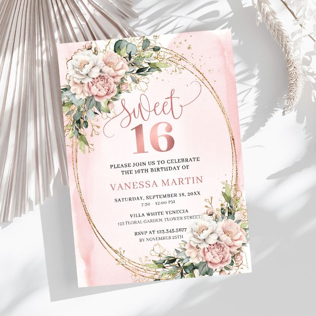 Blush Pink Flowers with Greenery Sweet Sixteen  Inbjudningar (Blush Pink Flowers with Greenery Sweet Sixteen Invite)