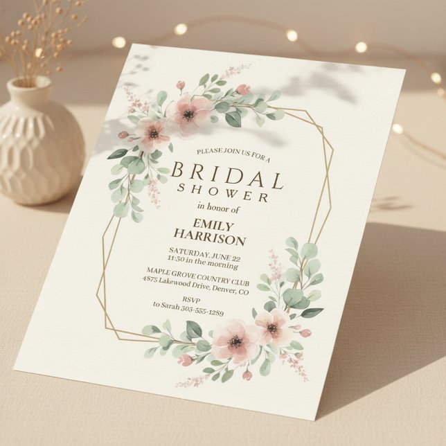 Blush Pink Geometric Bridal Shower Gold Hexagon Inbjudningar (romantic garden rose invite)
