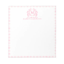 Blush Pink Gingham Floral Crest Monogram Anteckningsblock