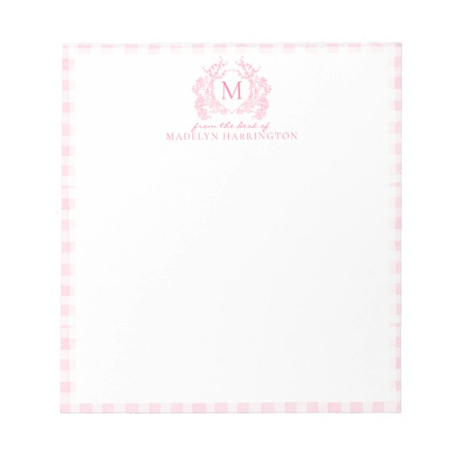 Blush Pink Gingham Floral Crest Monogram Anteckningsblock (Framsida)