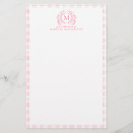 Blush Pink Gingham Floral Crest Monogram Brevpapper