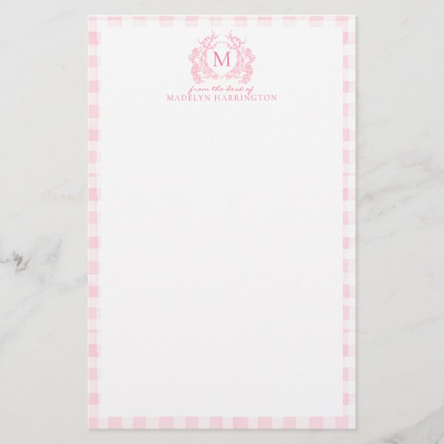 Blush Pink Gingham Floral Crest Monogram Brevpapper (Framsida)