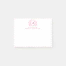 Blush Pink Gingham Floral Crest Monogram Post-it Block