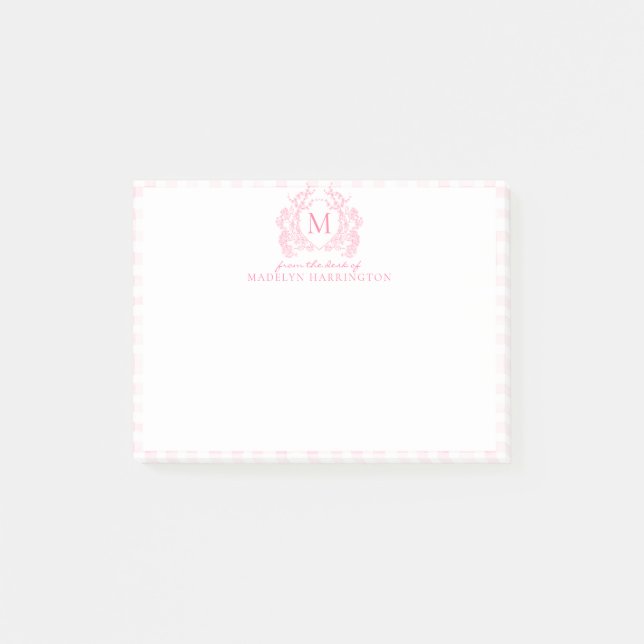 Blush Pink Gingham Floral Crest Monogram Post-it Block (Framsida)
