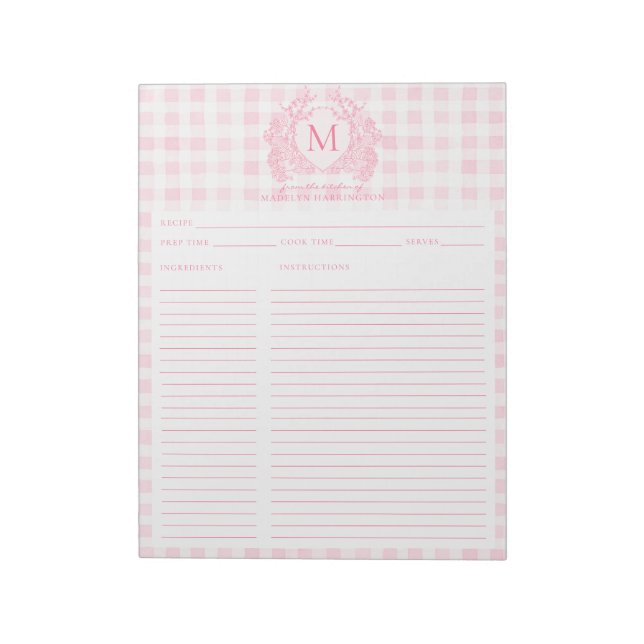 Blush Pink Gingham Floral Crest Monogram Recipe Anteckningsblock (Roterad)