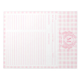 Blush Pink Gingham Floral Crest Monogram Recipe Anteckningsblock