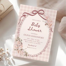 Blush Pink Gingham Floral Vintage Girl Baby Shower Inbjudningar