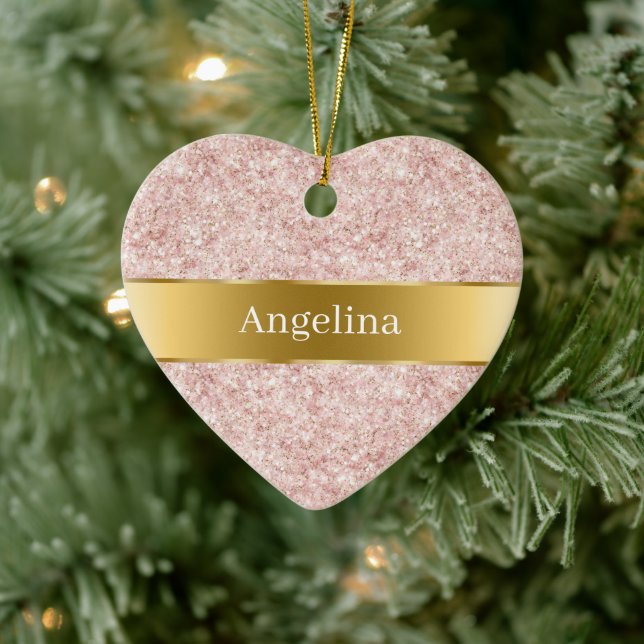 Blush Pink Glitter Sparkle Gold Ribbon Christmas Julgransprydnad Keramik (Träd)