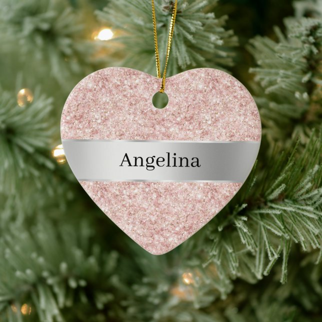 Blush Pink Glitter Sparkle Silver Ribbon Christmas Julgransprydnad Keramik (Träd)