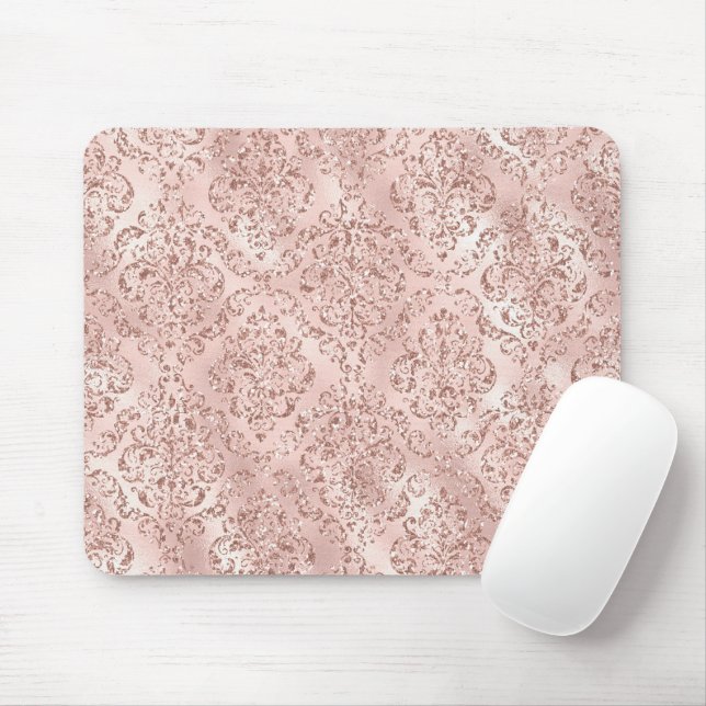 Blush Pink Glitzy Glitter Damask Musmatta (Med mus)