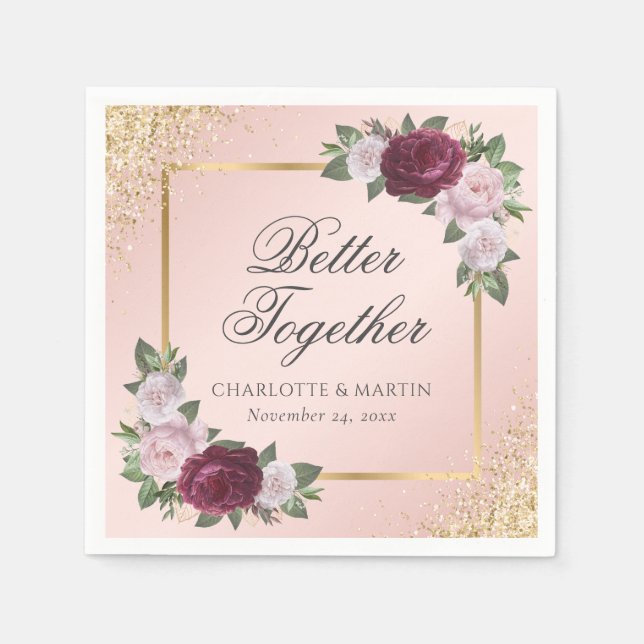Blush Pink Gold Burgundy Floral Wedding Pappersservett (Framsidan)