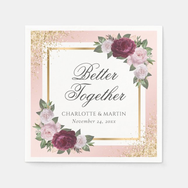 Blush Pink Gold Burgundy Floral Wedding Pappersservett (Framsidan)