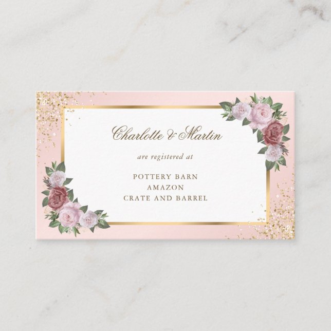 Blush Pink Gold Confetti Floral Wedding Registry Tilläggskort (Framsida)