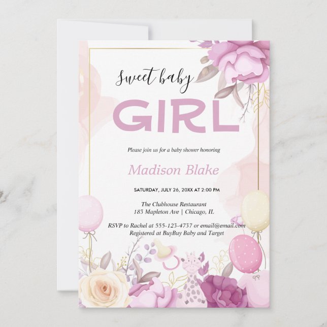 Blush pink gold Floral Girl baby shower Inbjudningar (Framsida)