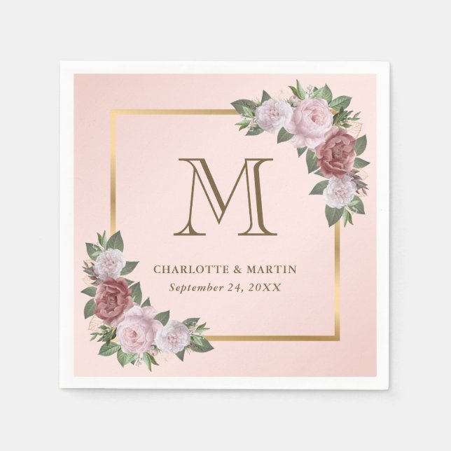 Blush Pink Gold Floral Monogram Wedding Pappersservett (Framsidan)