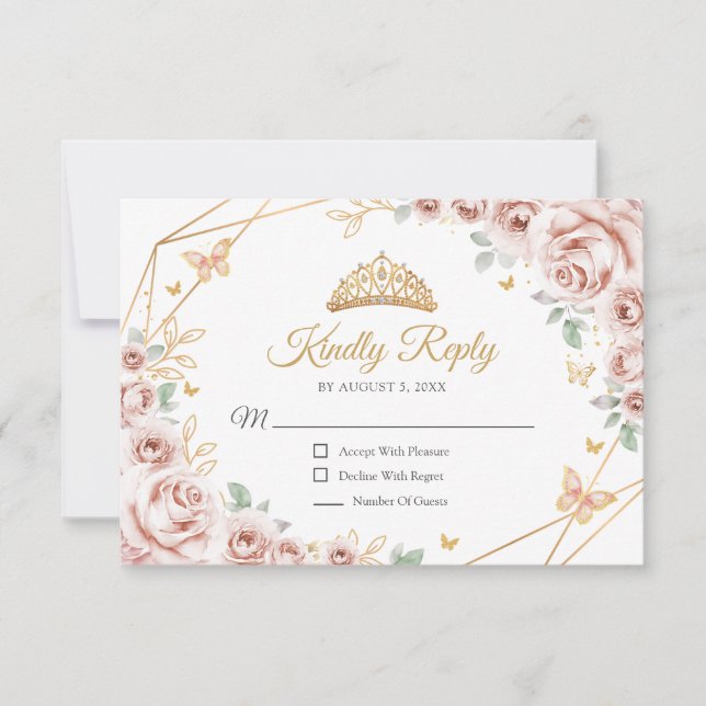 Blush Pink Gold Floral Quinceanera Reply OSA Kort (Framsida)