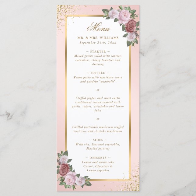 Blush Pink Gold Floral Wedding Meny (Framsida)