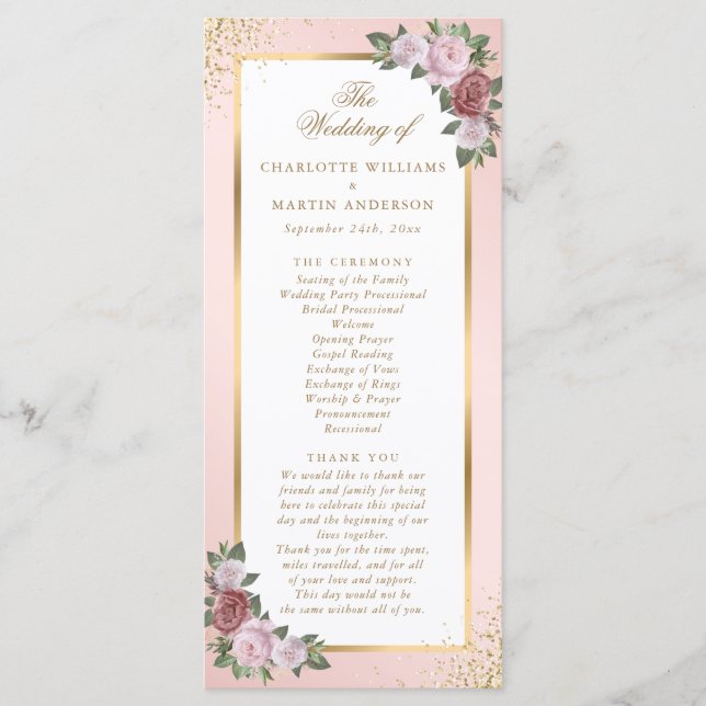 Blush Pink Gold Floral Wedding Program (Framsida)