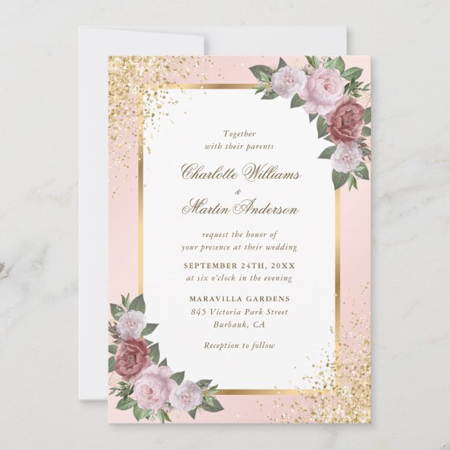 Blush Pink Gold Frame Confetti Floral Wedding Inbjudningar (Framsida)