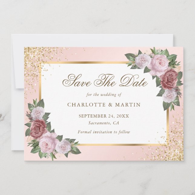 Blush Pink Gold Frame Confetti Floral Wedding Spara Datumet (Framsida)