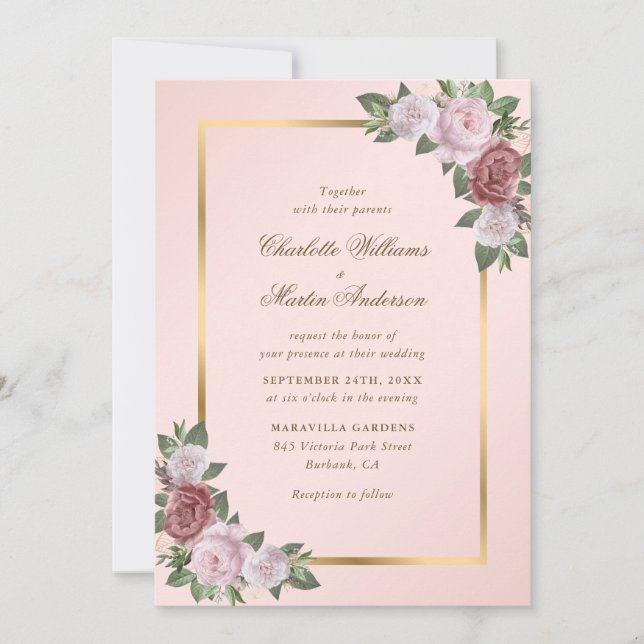 Blush Pink Gold Frame Floral Wedding Inbjudningar (Framsida)