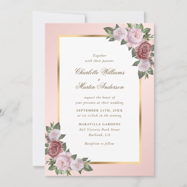 Blush Pink Gold Frame Floral Wedding Inbjudningar (Framsida)