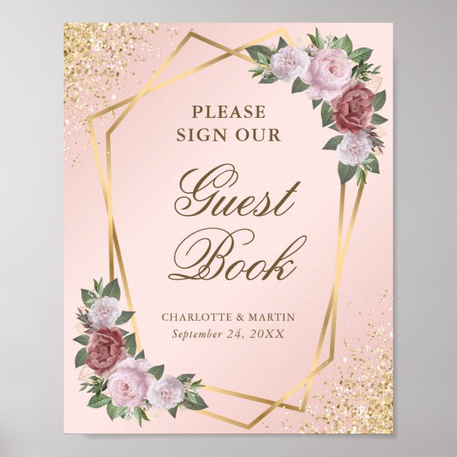 Blush Pink Gold Geometric Wedding Guest Book Sign Poster (Framsidan)