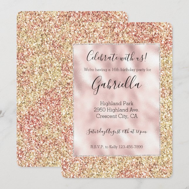 Blush Pink Gold Glitter Ombre Inbjudningar (Fram/baksida)