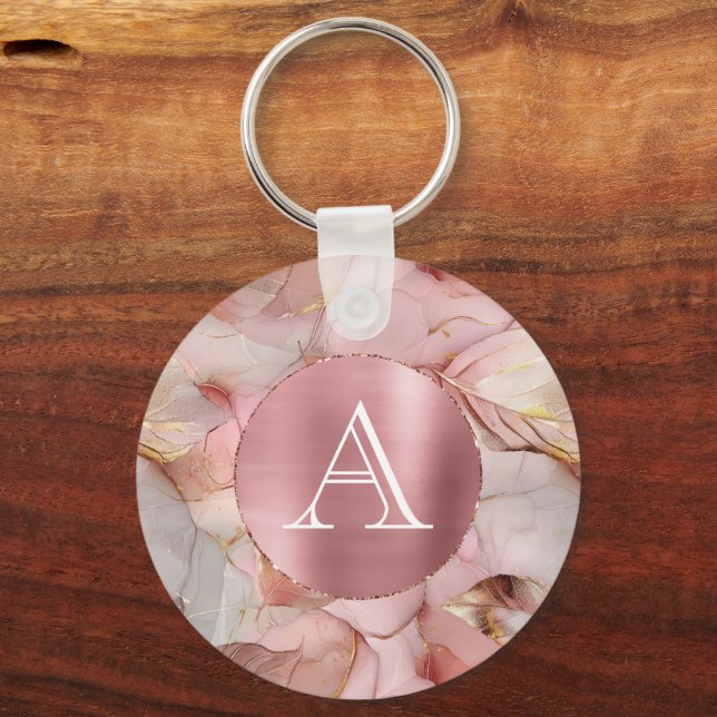 Blush Pink Gold Leaves Monogram Nyckelring (Framsida)