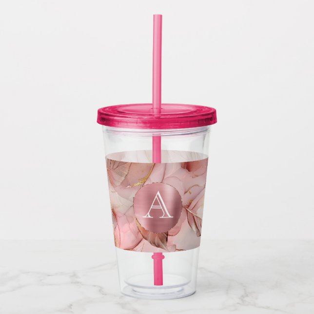 Blush Pink Gold Leaves Monogram Take Away Mugg (Framsida)