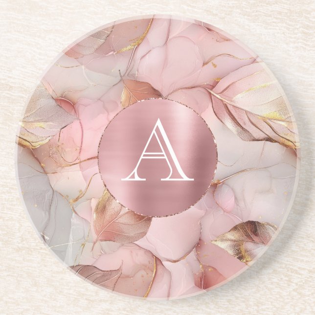 Blush Pink Gold Leaves Monogram Underlägg (Framsidan)