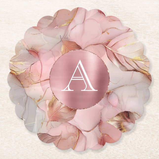 Blush Pink Gold Leaves Monogram Underlägg Papper (Framsida)
