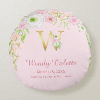 Blush Pink Gold Monogram "W" Baby Girl Stats Rund Kudde
