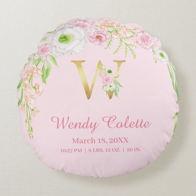 Blush Pink Gold Monogram "W" Baby Girl Stats Rund Kudde (Framsidan)