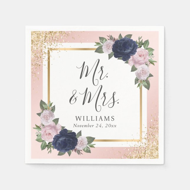 Blush Pink Gold Navy Blue Floral Wedding Pappersservett (Framsidan)
