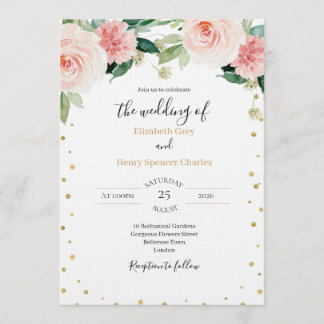 Blush pink gold peony elegant floral wedding  inbjudningar