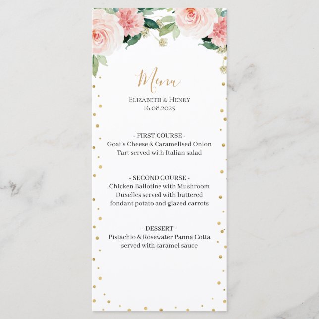 Blush pink gold peony floral elegant wedding menu meny (Framsida)