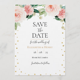 Blush pink gold peony floral wedding save the date inbjudningar