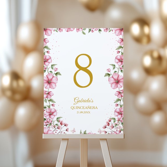 Blush Pink Golden Floral Quinceañera  Bordsnummer (Skapare uppladdad)