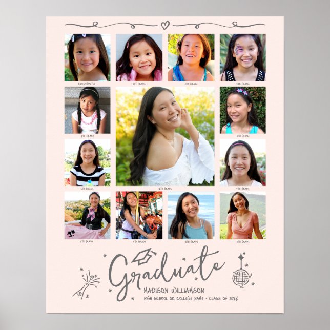 Blush Pink Graduation K–12 Photo Collage Doodles Poster (Framsidan)