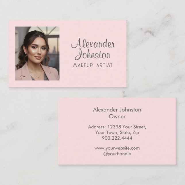 Blush Pink Gray Script Photo Makeup Business Card Visitkort (Fram/baksida)